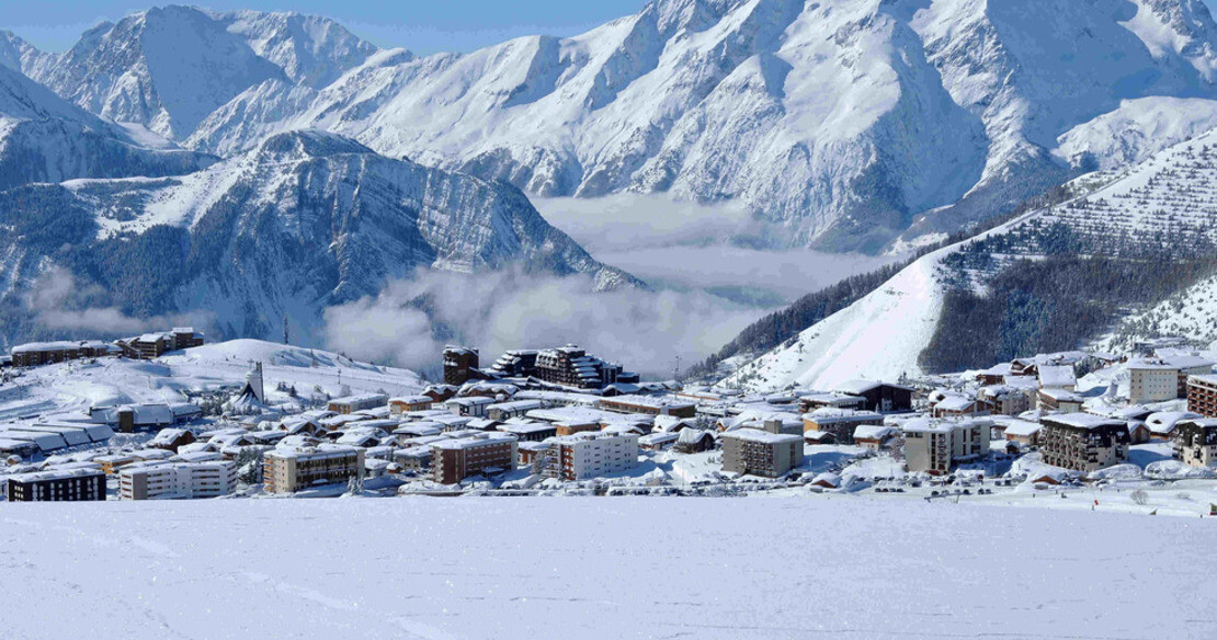 Luxury chalets in Alpe dHuez - the resort seen from the East