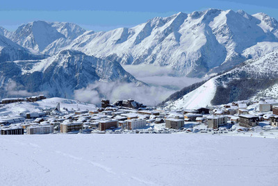 Luxury chalets in Alpe dHuez - the resort seen from the East
